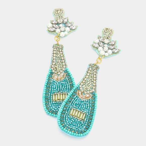 Crystal & Glass Beaded Turquoise Champagne Bottle Earrings NEW - Picture 4 of 4